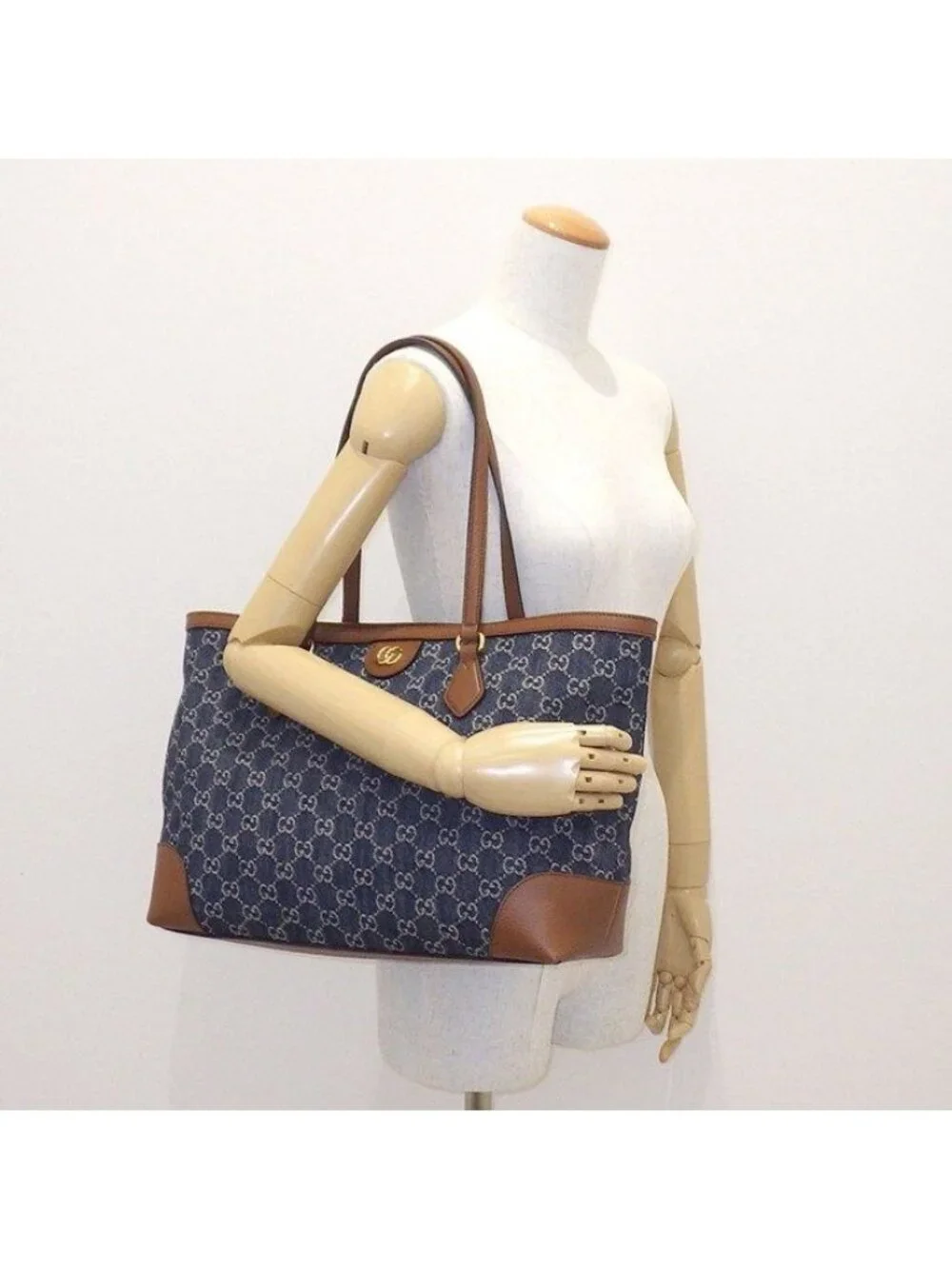 Gucci Tote Bag Ophidia Medium Blue GG Denim Brown Leather Gold